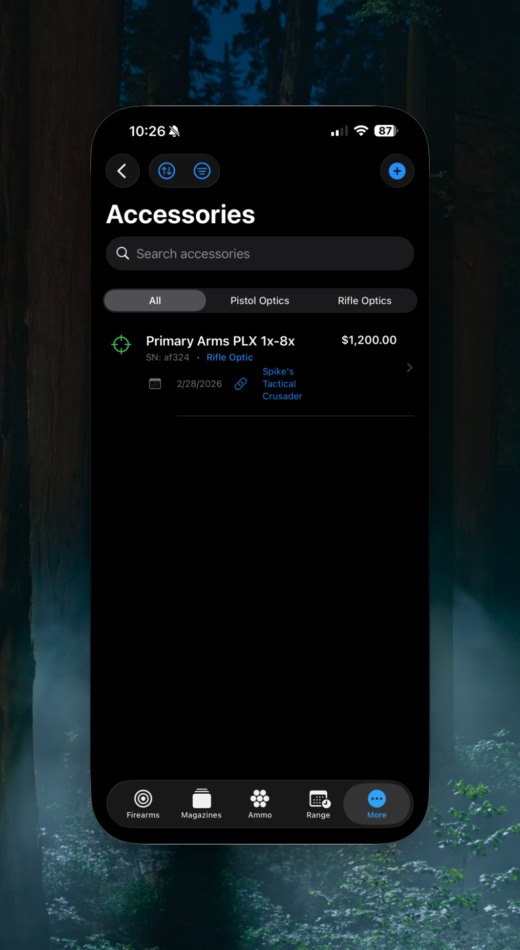 iPhone — Accessories list with optics, serial numbers, and linked firearms